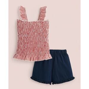 Monica + Andy Smocked Top + Ruffle Short Red Stripes